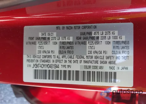 2021 Mazda Cx-5 Touring from USA, damaged, VIN JM3KFACM1M0481644